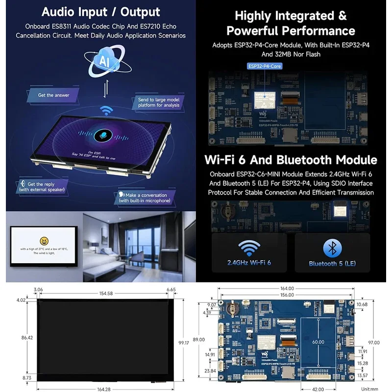 Плата для разработки ESP32-P4 WIFI6 с 7-дюймовым дисплеем 1024×600 пикселей, ESP32-C6 BLE5.0, 32 МБ PSRAM, Deepseek AI (art.: 3920db35bb723) - 3920db35bb723