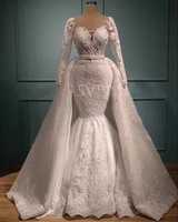 luxury lace applique mermaid wedding dresses sheer long sleeve satin detachable train bride gowns dubai vestido de novia