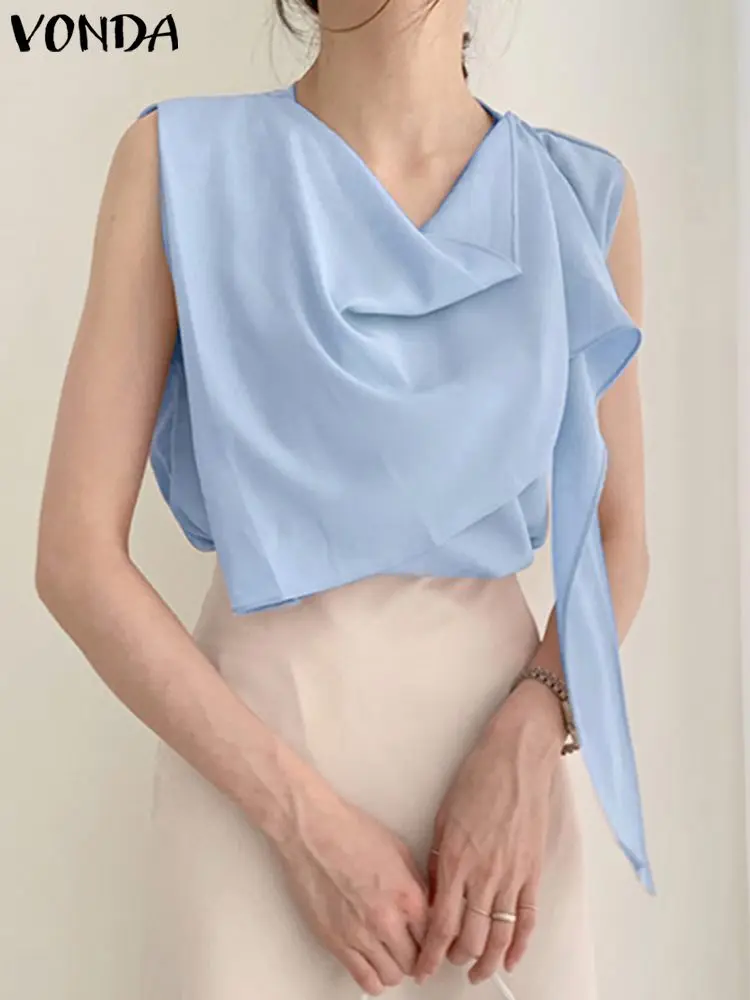 

Summer VONDA Women Sleeveless Blouses Sexy Tops 2023 Fashion Solid Color Casual Pleated Shirts Elegant Office Blusas Femininas