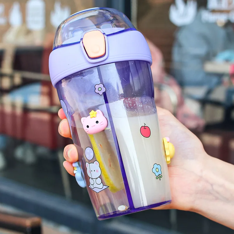 

430ml Cute Drinking Water Bottle with Double Straw for Children, Water Bottles for Girls, Travel Sports School Student Cup
