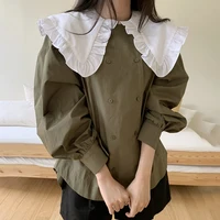 women sweet patchwork blouse vintage turn down collar double breasted blusas femme 2021 new fall lantern long sleeve shirt tops