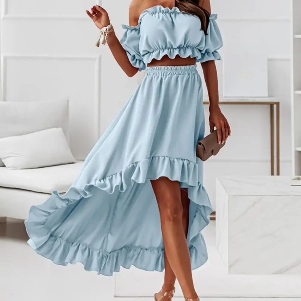 

Hot！2 Pcs/Set Summer Elegant Ruffled Backless Dress Solid Color Ruffle Shoulder-less Breathable Mini Summer Top Set for Prom