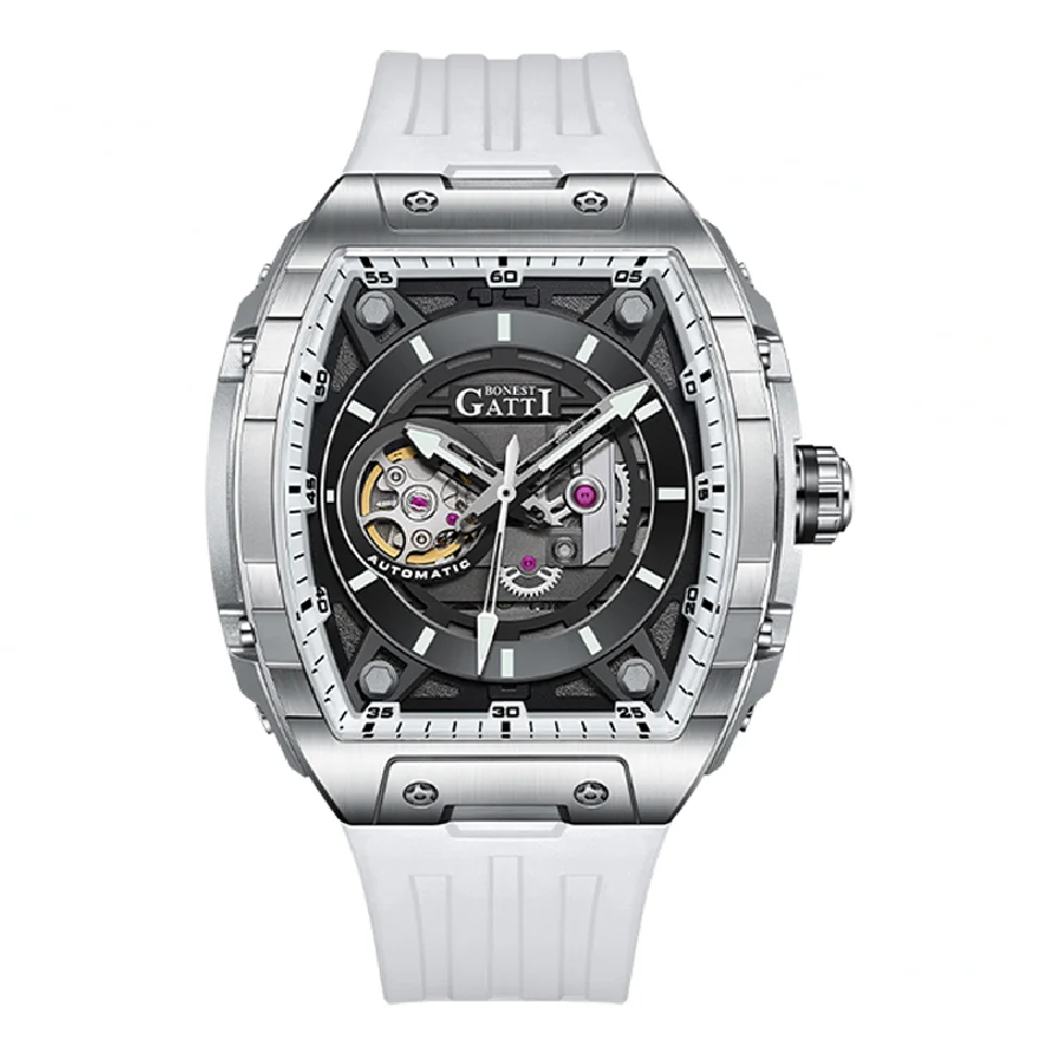 

BONEST GATTI Men Automatic Watch Fashion Mechanical Wristwatch Skeleton Waterproof Sapphire Tonneau Luminous Fluororubber Strap