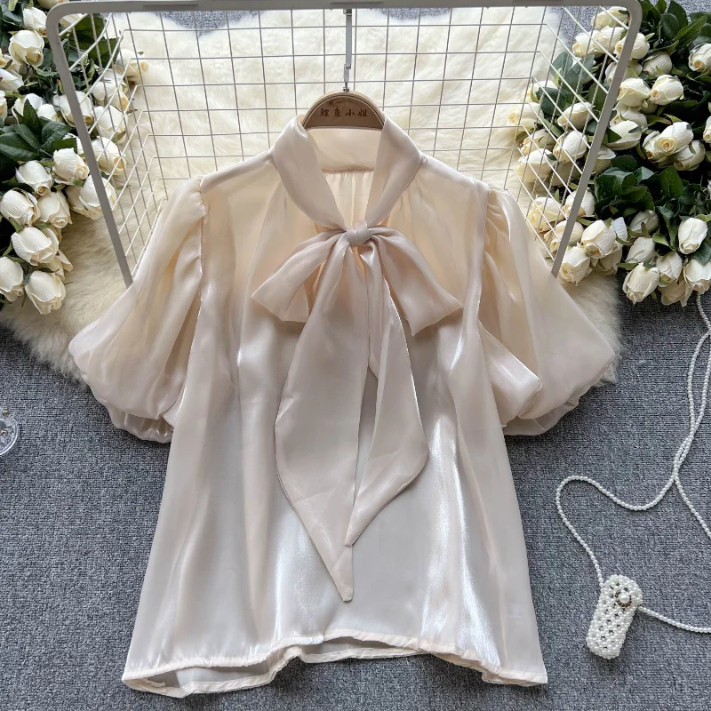 

Шикарная модная французская винтажная элегантная Свободная Повседневная универсальная рубашка Hikigawa, однотонная блузка с бантом на шнуровке и коротким рукавом-фонариком, женские топы