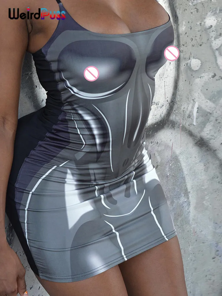 

Weird Puss Print Sexy Dress Women Backless Coquette Sleeveless Hip Mini Sundress Bodycon Stretchy Skinny Midnight Party Outfit