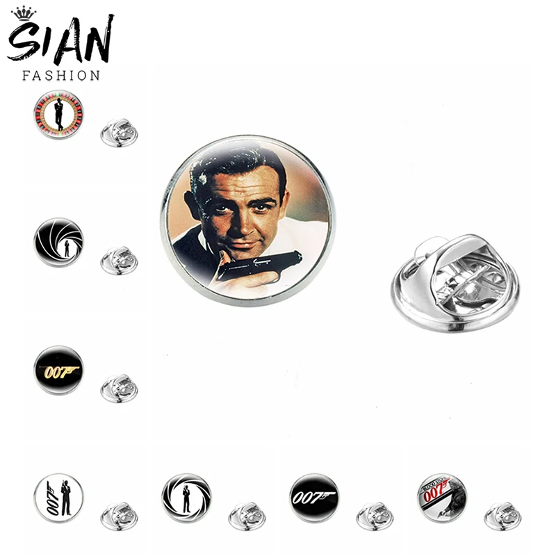 

New Stainless Steel James Bond 007 Brooches British Legend James Bond 007 Badges Round Lapel Pins Glass Dome Jewelry Wholesale