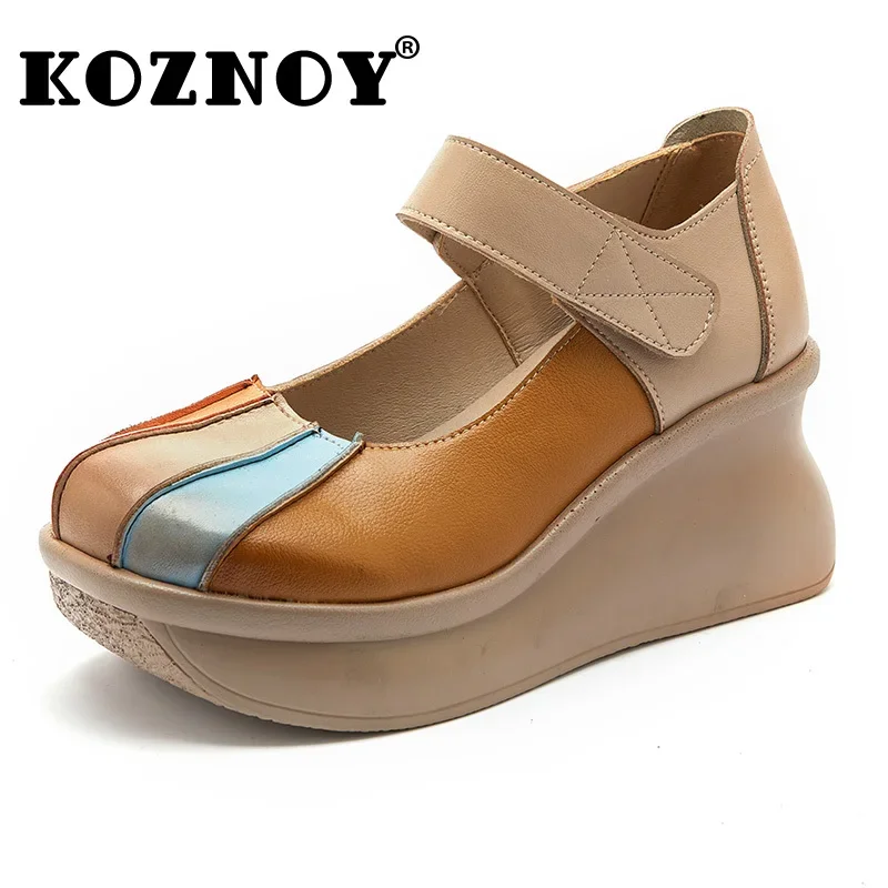 Koznoy 7cm Lolita Shoes Genuine Leather Platform Mixed Color Fashion Preppy Style Girl Summer Ladies Hook Thick Comfy Mary Jane