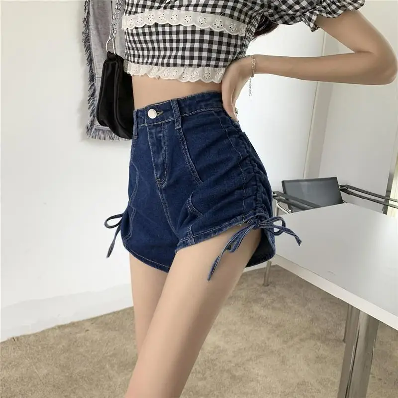 Women Denim Vintage Summer Basic Simple All-match High Waisted Drawstring Denim Shorts Leisure Ulzzang Ladies Streetwear Chic