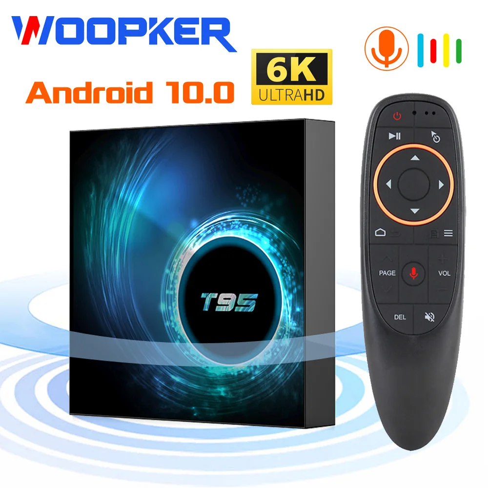 

Смарт ТВ-приставка Woopker T95, Android 10,0, 6K, 2,4G и 5G, Wi-Fi, 3D Голос, 16 ГБ, 32 ГБ, 64 Гб ПЗУ, 4K, новейший четырехъядерный телеприставка, медиаплеер