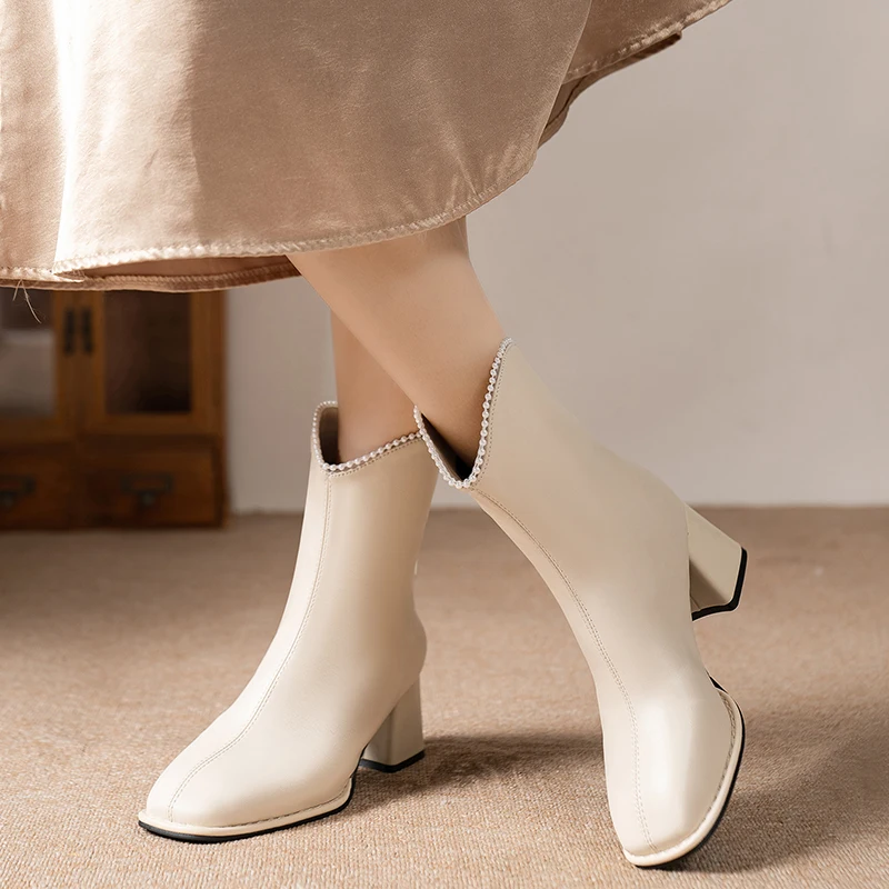 Женские кожаные ботильоны в стиле ретро ботинки на высоком каблуке с квадратным