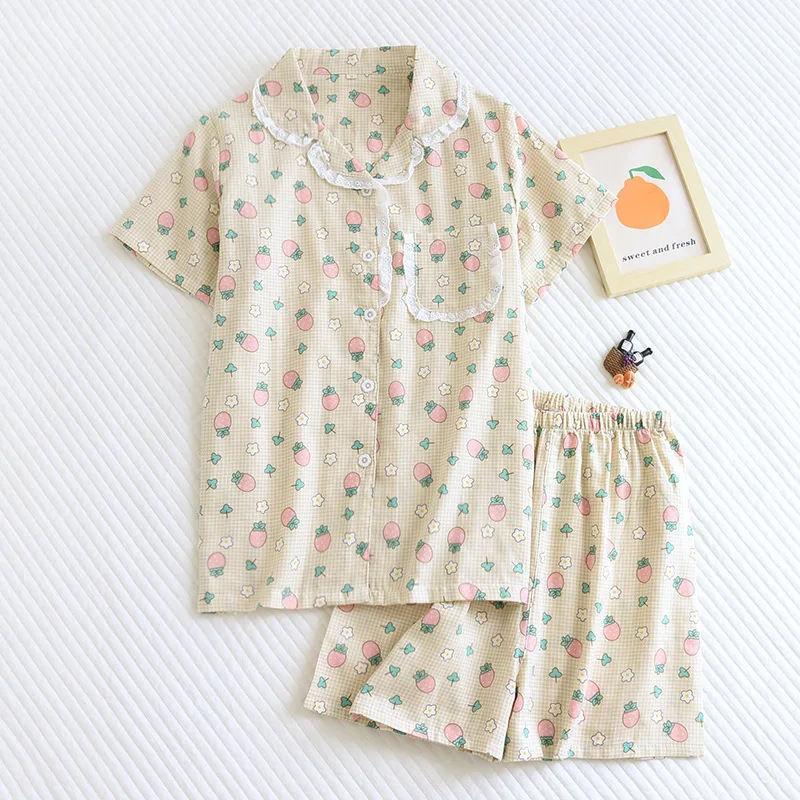 

Summer Cotton Polo Collar Lace Edge Cotton Breathable Sweat-absorbing V-neck Yellow Checked Strawberry Short Sleeve Shorts Suit