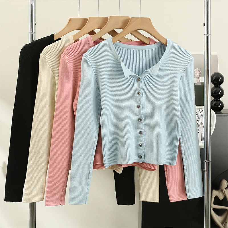 

Women's Long Sleeve Sweater Knitted Cardigan 2023 Early Autumn New Korean Fashion Women Clothing Slim V-neck Knitted Crop Top