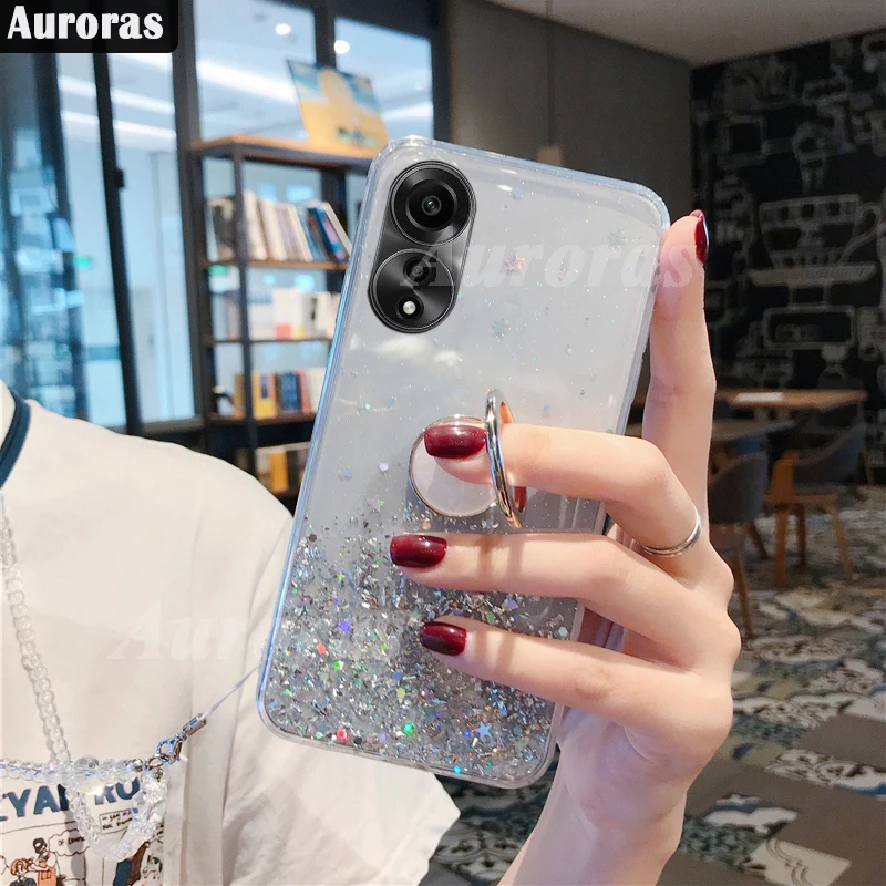 Auroras для OPPO A78 4G чехол с держателем кольцо блестками и Прозрачный со звездами A18 A38