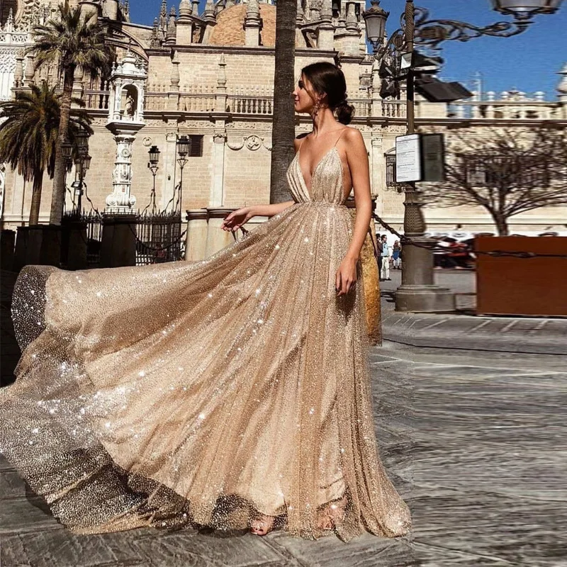 

Sexy Gold Sequin Wedding Party Dresses for Women 2022 Summer New Fashion Elegant Night Club Evening Maxi Dress Vestidos