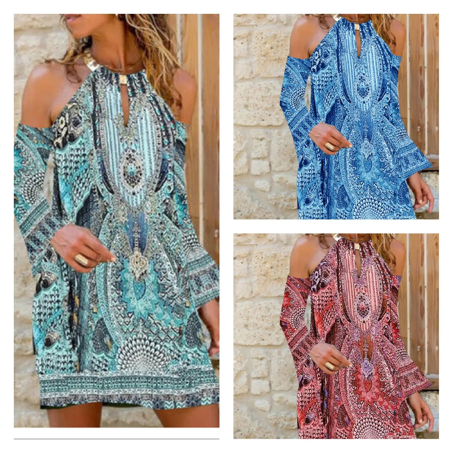 

Celela 2023 Women's Clothing Bohemian Style Off-the-Shoulder Printed Dress V-neck A-skirt Elegant Commuter Long-sleeved Dress