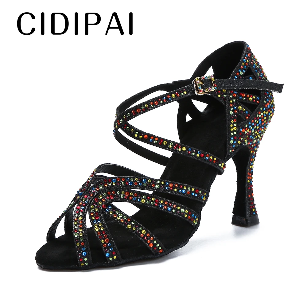 

CIDIPAI Women's Coloured Rhinestone Latin Dance Shoes Soft Sole Ballroom Dance Heels Ladies Prom Sandals Wedding Shoes For Woman