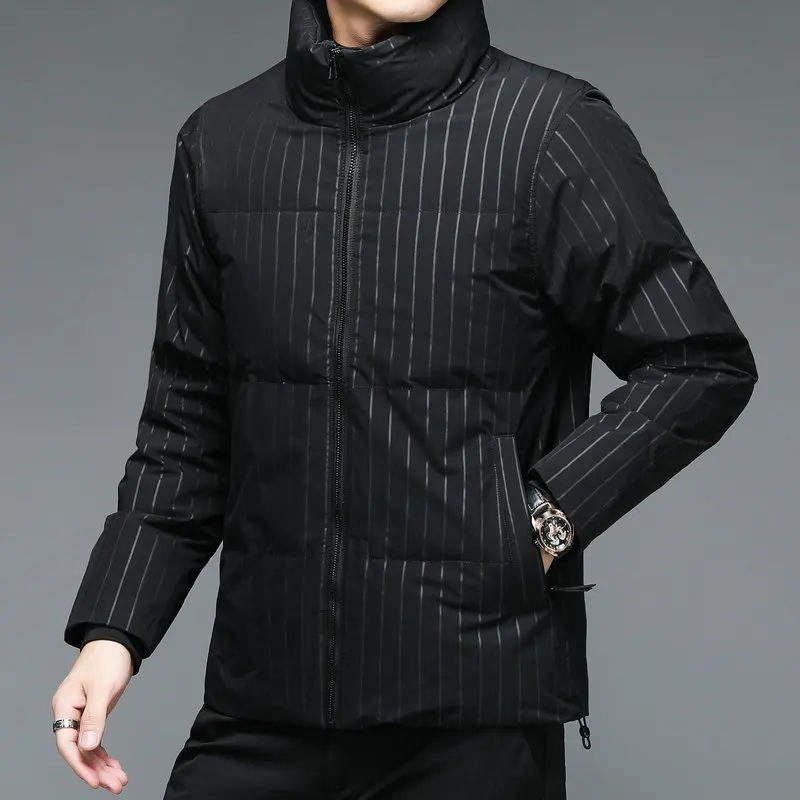 2022 Winter Men Smart Casual Puffer Jackets Black Striped Thick Warm Puff Basic Coats Male Thermal Quilted Outerwear Daily Wear
