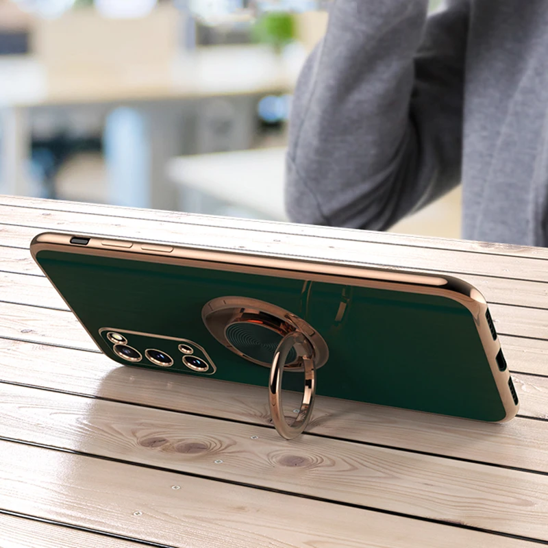 Plating Silicone Case For Samsung Galaxy S21 S22 Ultra S20 FE S10 Plus S Note 20 10 9 A53 A52 A52S 5G Magnetic Cover Ring Holder