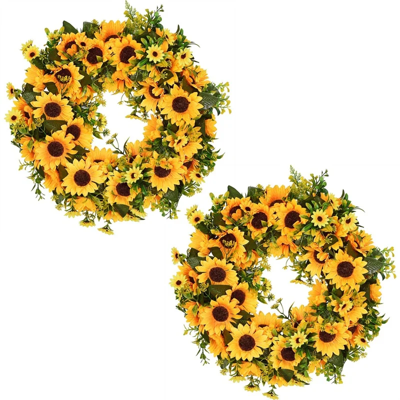 

Artificial Sunflower Summer Wreath-16 Inch Decorative Fake Flower Wreath With Yellow Sunflower And Green Leaves For Front Door I