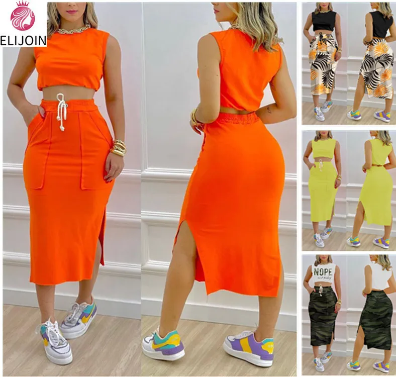 

ELIJOIN2022 Summer Short Sleeve Solid Color Skirt Suit Letter Printed Vest and Drawstring Slit Skirt Suit