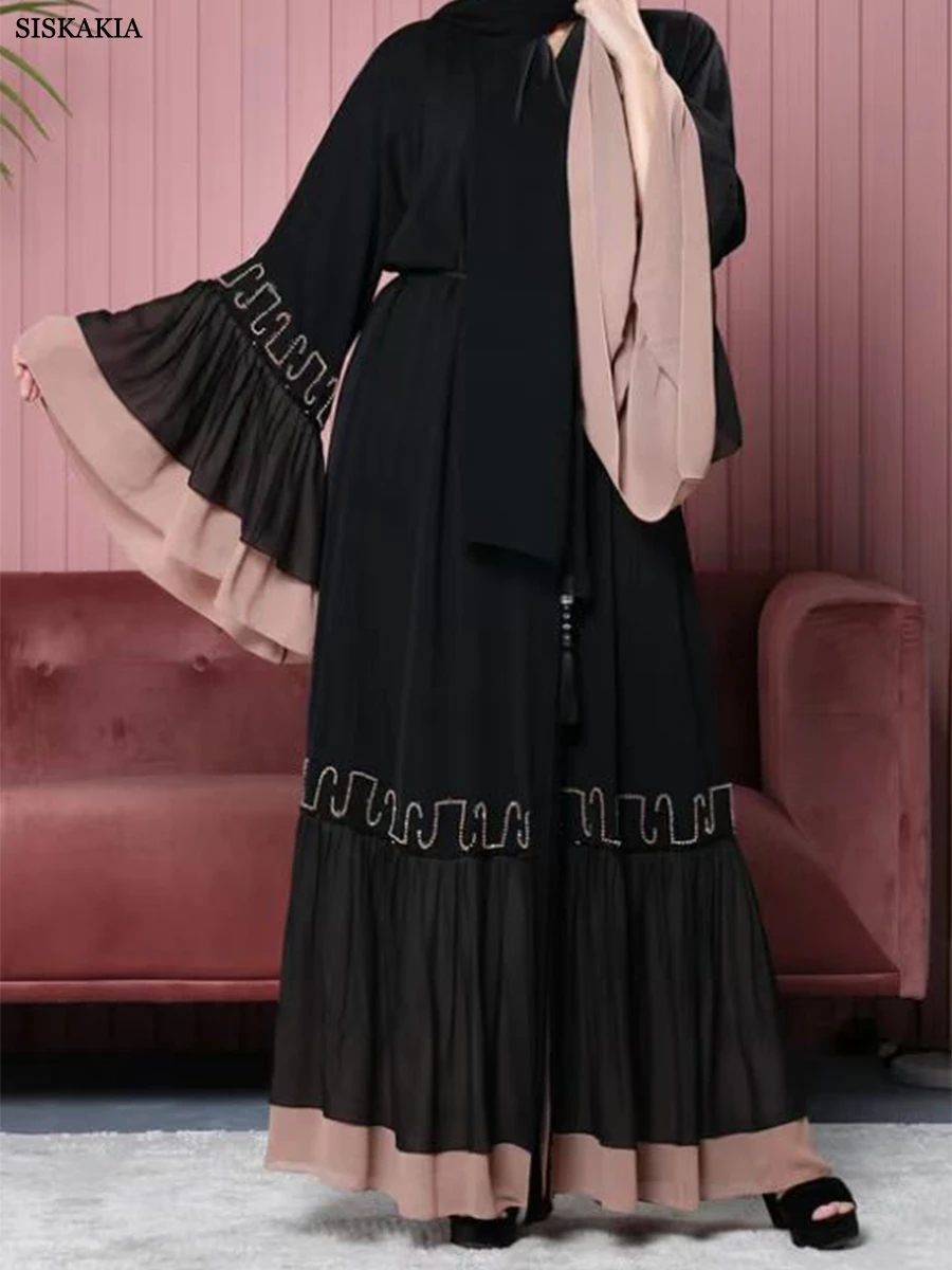 

Siskakia, двухслойная кружевная пряжка, Abaya, для женщин, Corban Eid Al Adha, Новый Стразы кардиган с бисером, халат, Арабский залив, Abayas, черный цвет