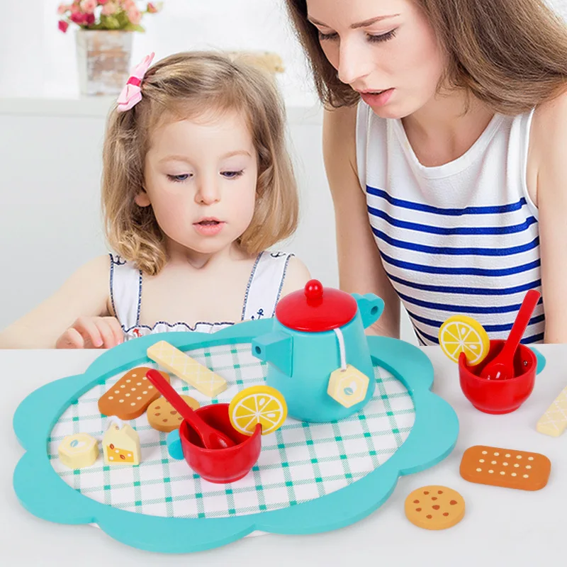 

Wooden Children's Simulation Play House Blue Afternoon Tea Toy Food Cognition Tea Tableware Role-playing Kitchen Utensils Toy