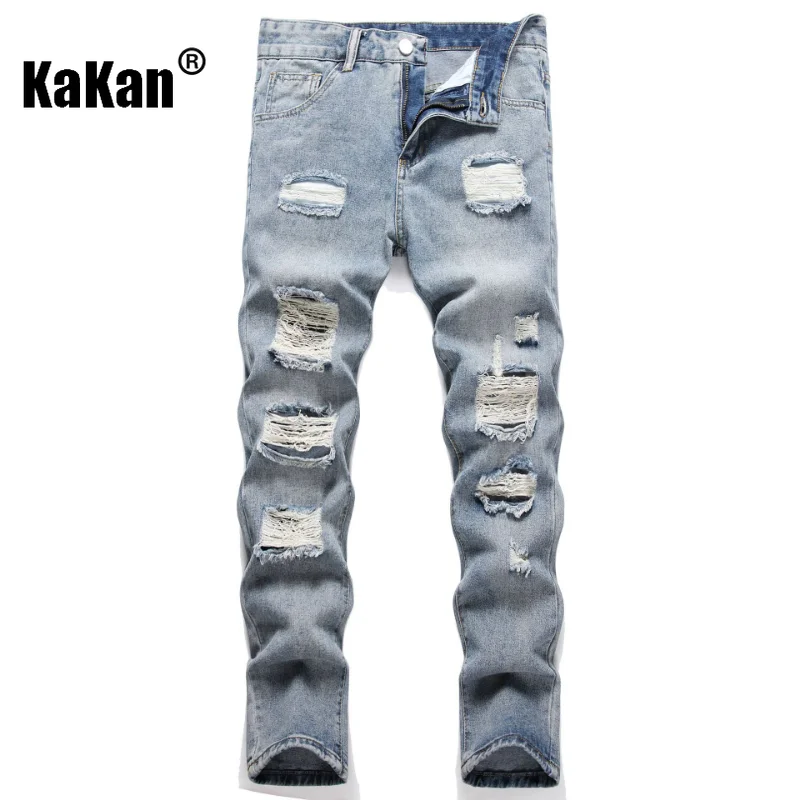 Kakan - European and American New Retro Casual Distressed Jeans for Men, Trendy Loose High Street Wide Leg Long Jeans K09-1737-1