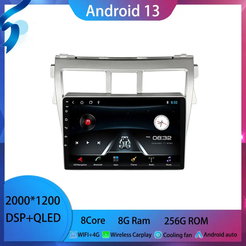 

For Toyota Vios 2 2007 - 2013 android 13 Car Radio Multimedia Video Player Android auto wireless adapter BT5.0 carplay 2din
