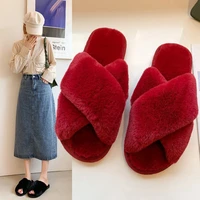 cross wool slippers women autumn and winter new color flat bottomed indoor floor slippers flip flops women