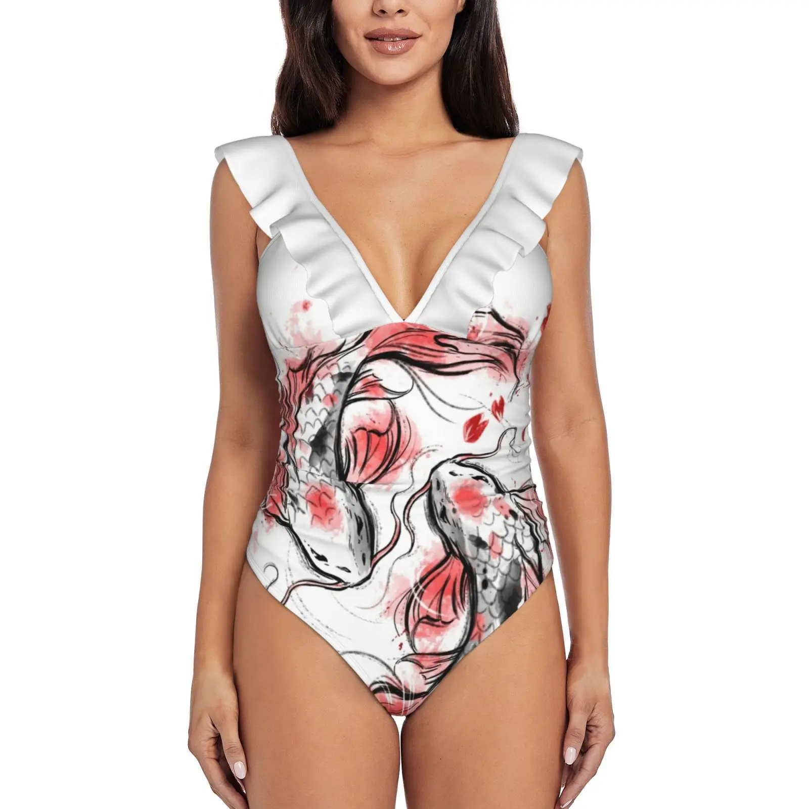 

Японский сексуальный сплошной купальник Koi, женский купальник, монокини, купальный костюм с рюшами, пляжная одежда, японский купальник для к...