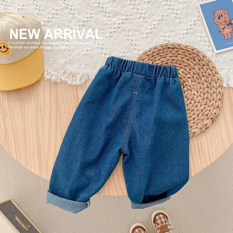 

Женские джинсы для мальчиков, весенне-летняя одежда для мальчиков и девочек, одежда для малышей, повседневные Мягкие однотонные брюки, элас...