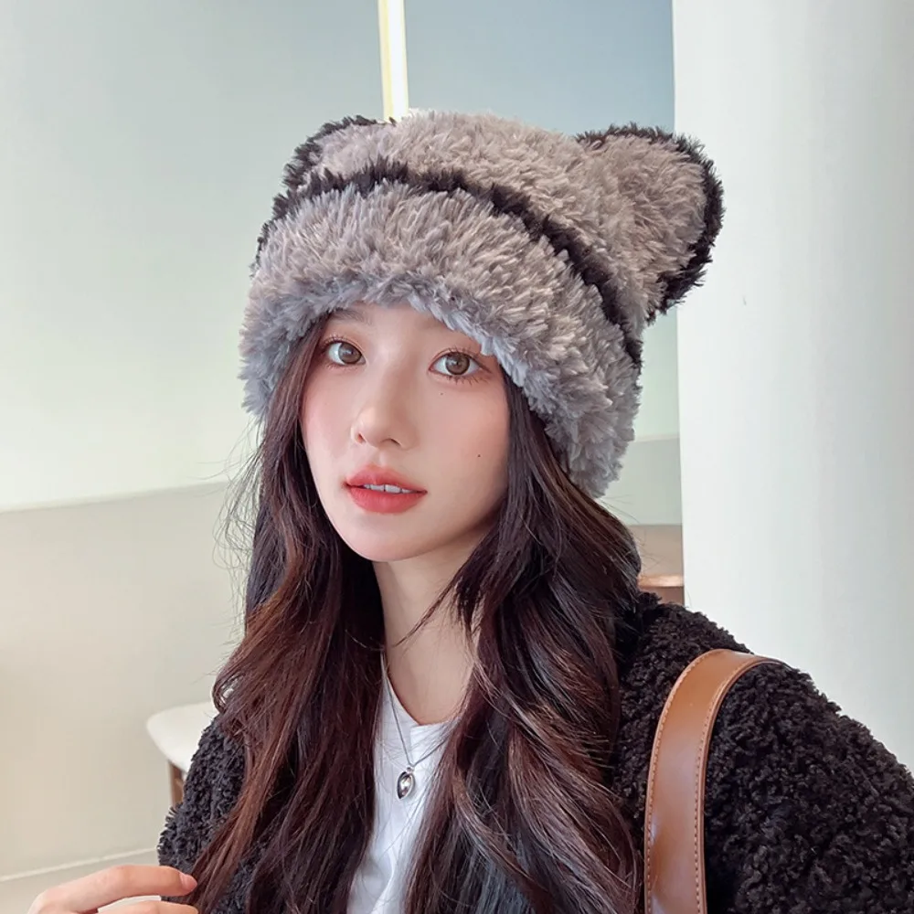 

White Cute Bear Hat Fashion Thickened Warm Wool Cap Cold Protection Furry Fluffy Hat Women
