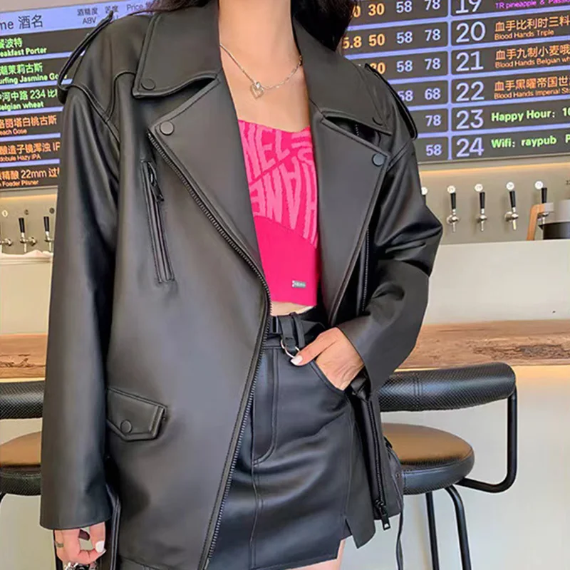 Sheepskin Leather Jacket 2023 Spring Autumn Leather Coat For Women Oversize Motorcycle Jacket TF5409