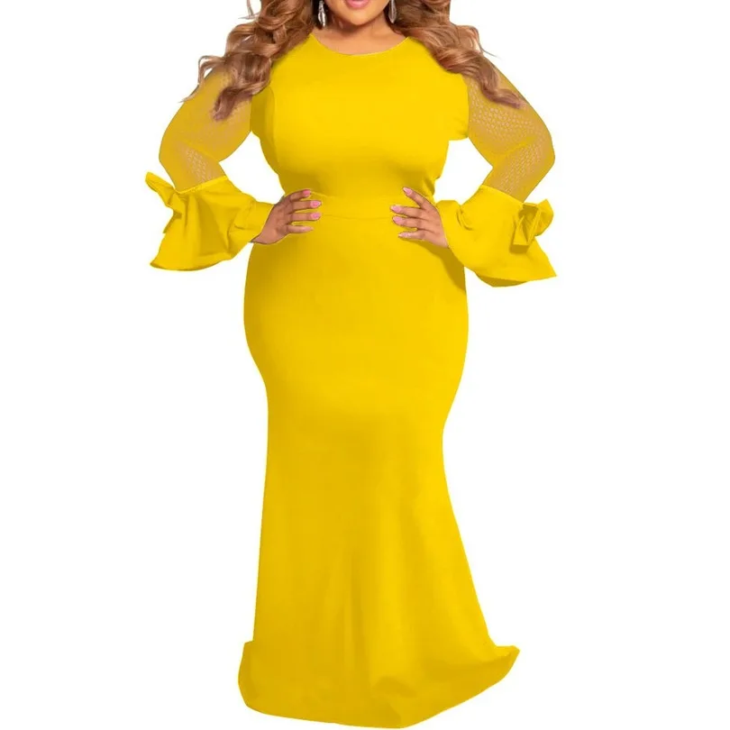 

Plus Size Dresses for Women 4xl 5xl 6xl Sheer Mesh Long Sleeve Elegant African Ladies Wedding Evening Party Long Maxi Dress Robe
