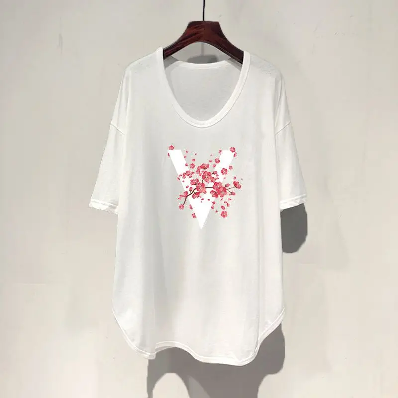 Летние свободные асимметричные футболки с коротким рукавом и принтом простые