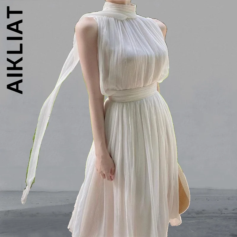 

Aikliat Dress Women New Leisure Elegant Long Skirt High Collar Sleeveless Fashion Sexy Dress Vintage Sexy Dress Chic Soft Women