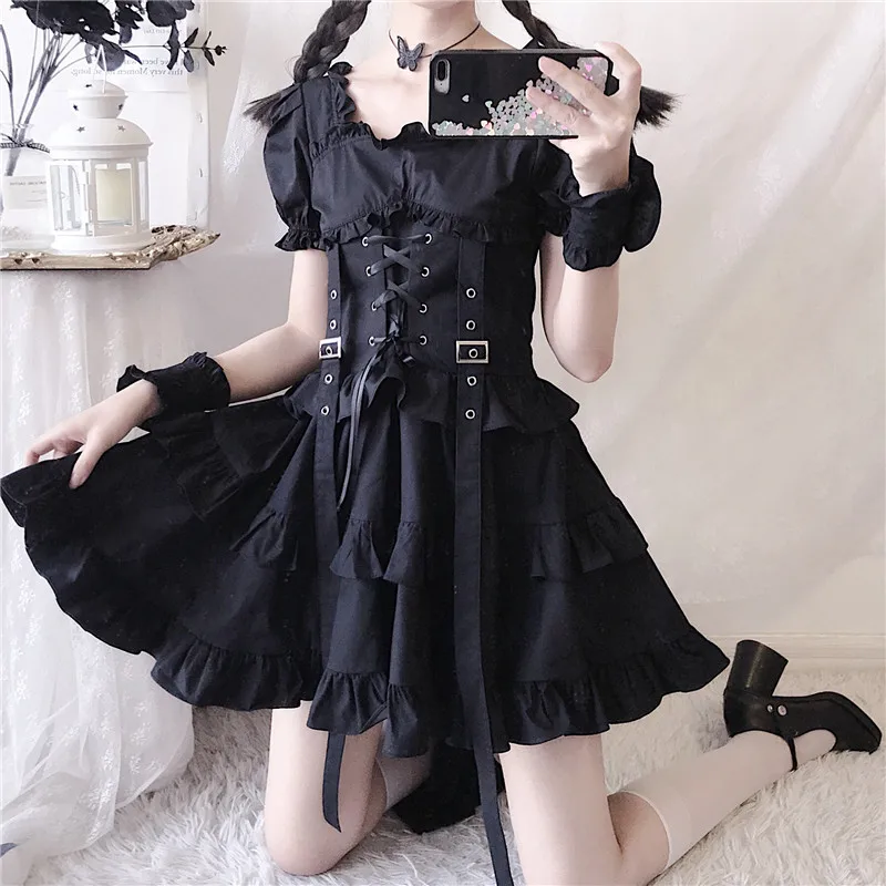 

Women's Lolita Dress Summer Harajuku Gothic Mall Kawaii Cute Ruffle Puff Sleeve Bandage Black Mini Dress 2022 Sexy Party Clothes
