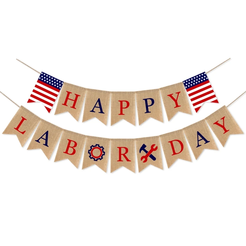 

Праздничный баннер из мешковины для счастливого рабочего дня, украшение для деревенской мантии, камина, гирлянда, флаг, уникальный ручной рисунок для домашней летней вечеринки