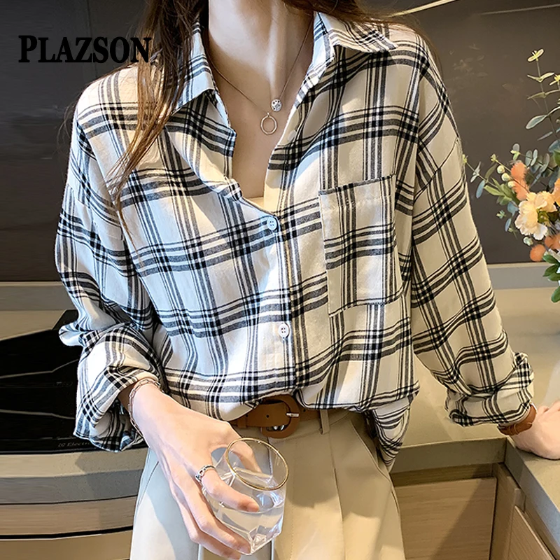 

PLAZSON Plaid Women Shirt Spring Autumn Long Sleeve Lapel Button-up Female Blouses OL Tops Elegant Casual Streetwear Camisas