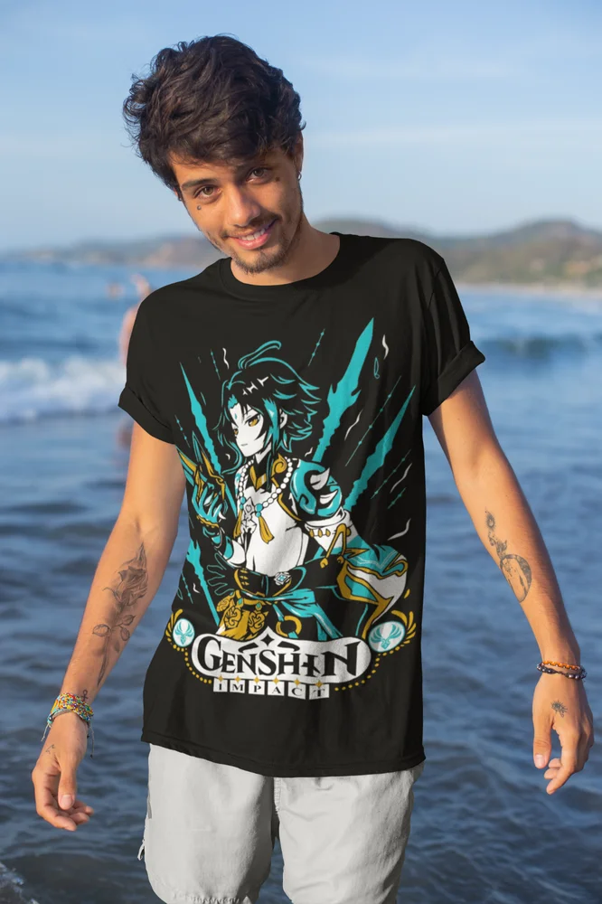 Xiao Genshin ударная Рубашка Аниме Манга унисекс черная футболка Мягкая все размеры