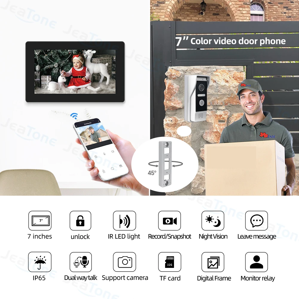 JeaTone 1080P Wi-Fi сенсорный экран 7-дюймовый видеодомофон Tuya Smart APP частный жилой