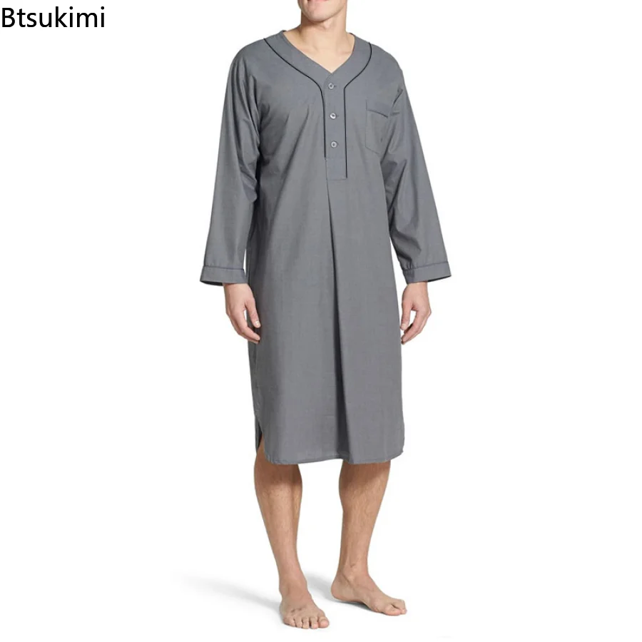 2023 Muslim Fashion Men Jubba Thobe Solid Pajamas Casual Abayas Muslim Robe Long Sleeve Nightgown Bathrobes Mens Muslim Kaftan