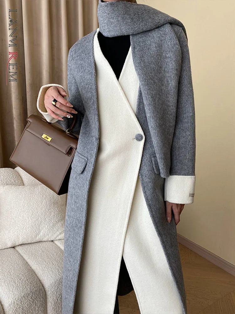 

[LANMREM] Woolen Spliced Design Outwear For Women V Neck Long Sleeve Single Button High End Coats French Style 2023 Winter New 2