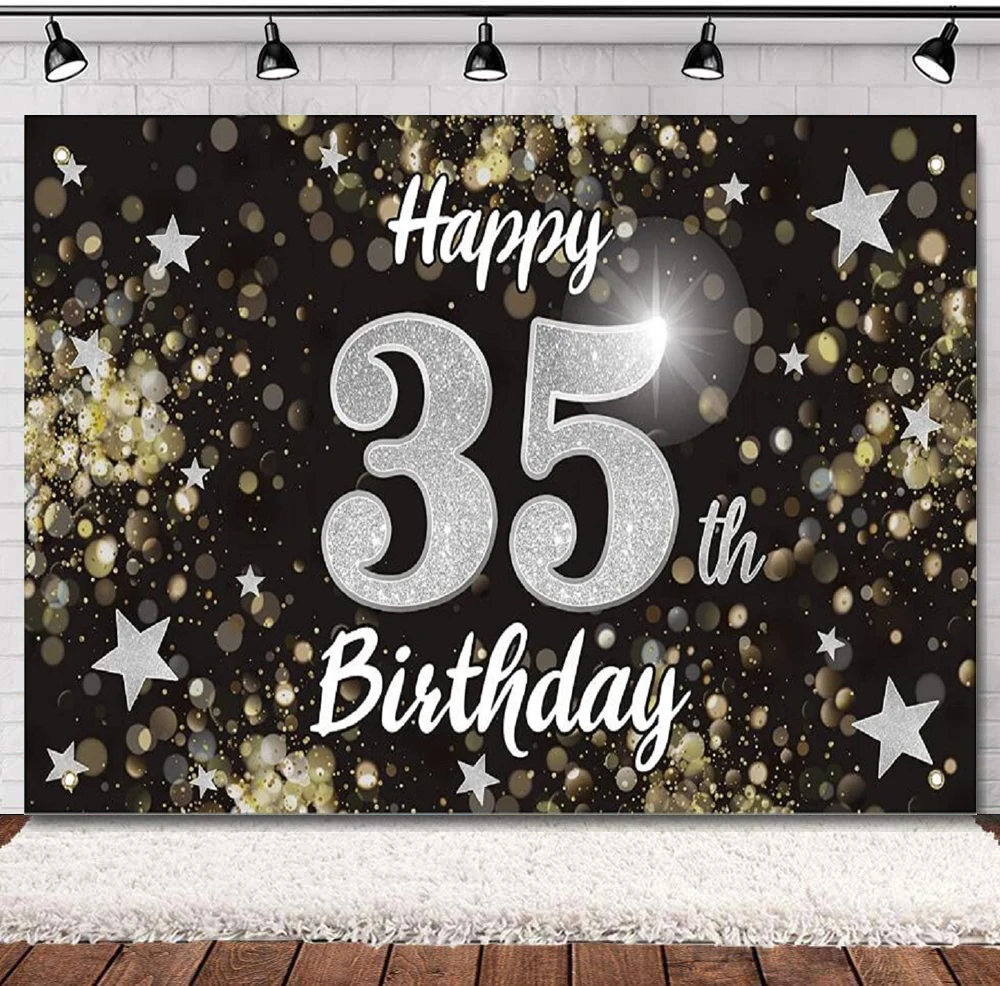 

Photography Backdrop Black&Silver Star Banner - Cheers To Happy 35 Years Old 35th Birthday Party Background Decoration Poster