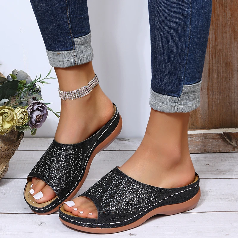 

2022 Summer New Wedge Heeled Sandals for Women Sparkling Rhinestones Hollow-out Side Open-toe Slippers for Women Size 43