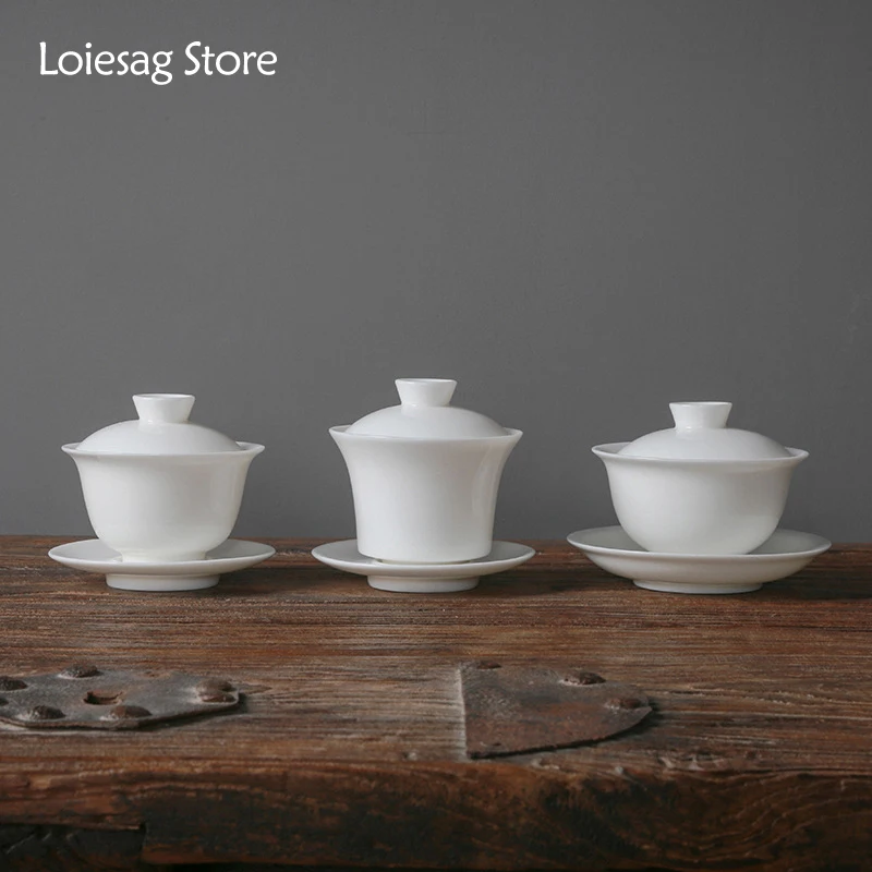 

Loiesag Dehua Handmade White Porcelain Covered Bowl Teacup Large Sancai Tea Maker Kung Fu Tea Set Household Respect Tea Bowl