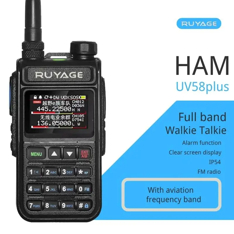 RUYAGE UV58Plus 6 Bands Amateur Ham Two Way Radio 999CH Air Band Walkie Talkie VOX DTMF SOS LCD Color Police Scanner Aviation