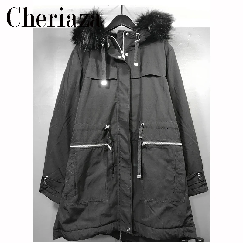 

2022 Winter Woman Black Mid-length Parker Cotton Clothing Hooded Fur Collar Casual Jacket Keep Warm Outerwear Female Chic Top
