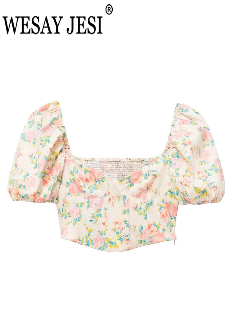 

Женский короткий топ WESAY JESI с пышными рукавами и коротким рукавом, Цветочная футболка с глубоким вырезом, Модный облегающий женский пикантн...