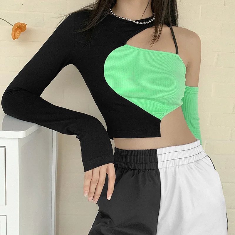 

New Gothic Dark Y2k Streetwear Punk E-girl Style Tshirts Woman Patchwork Color Blocking Hip Hop Hollow Out Backless Top Techwear